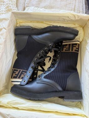 Fendi Rockoko Leather & Knit Combat Boots